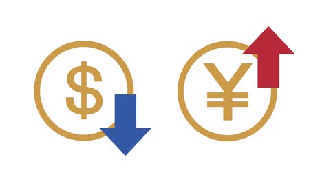 this is an animated animation of arrows and money showing the up and down price movements of the yen and dollar.