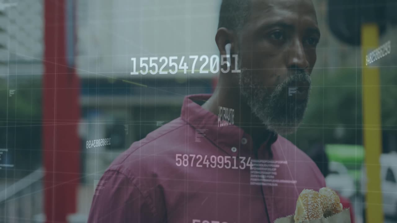 Multiple increasing numbers and data processing against african american senior man having a snack