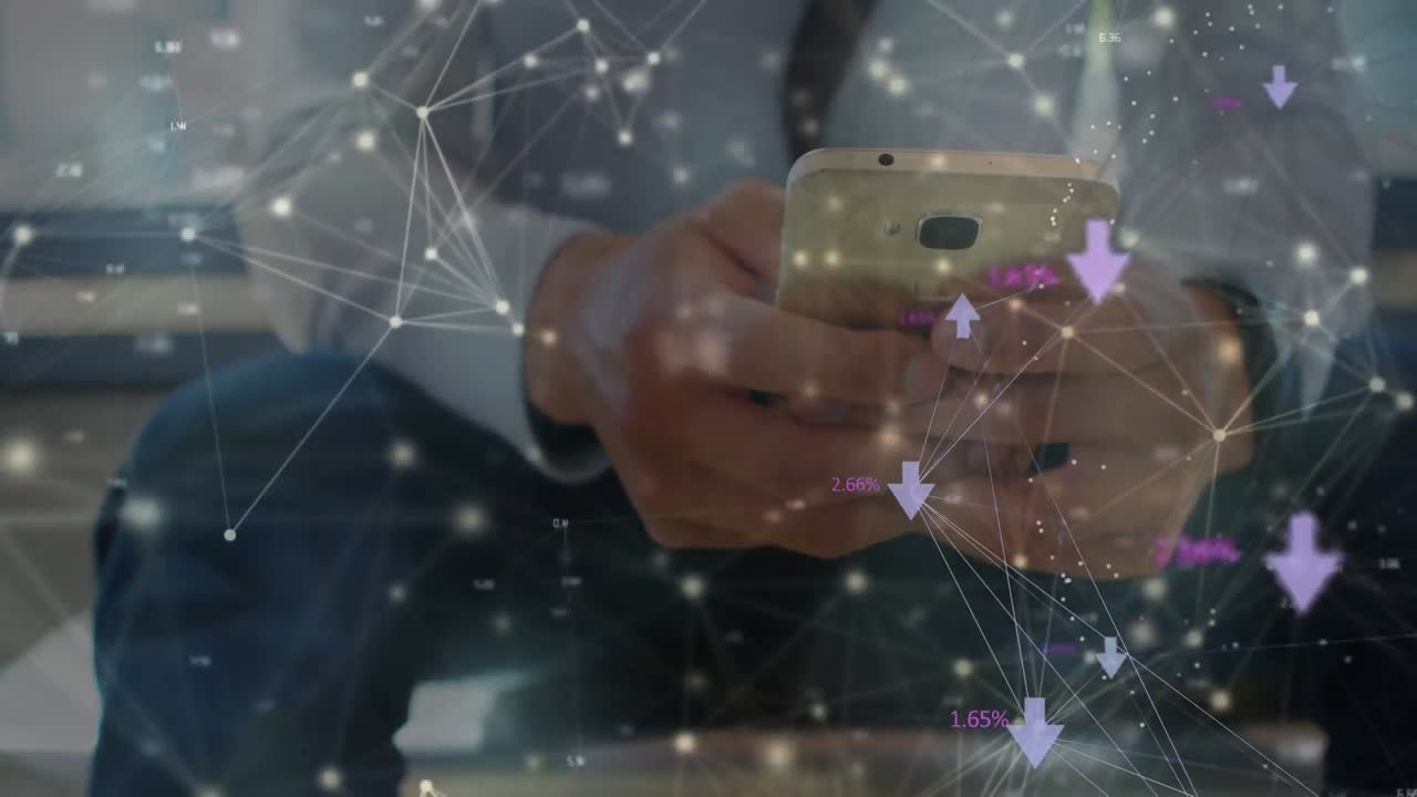 스마트 폰을 사용하여 사람 위의 디지털 아이콘 네트워크의 애니메이션