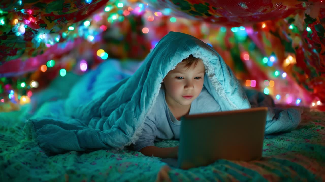 Cozy Night Under Twinkling Lights: A Child Engrossed in a Digital Adventure While Snuggled in a Blanket Fort, Surrounded by Colorful Fairy Lights for a Magical Experience