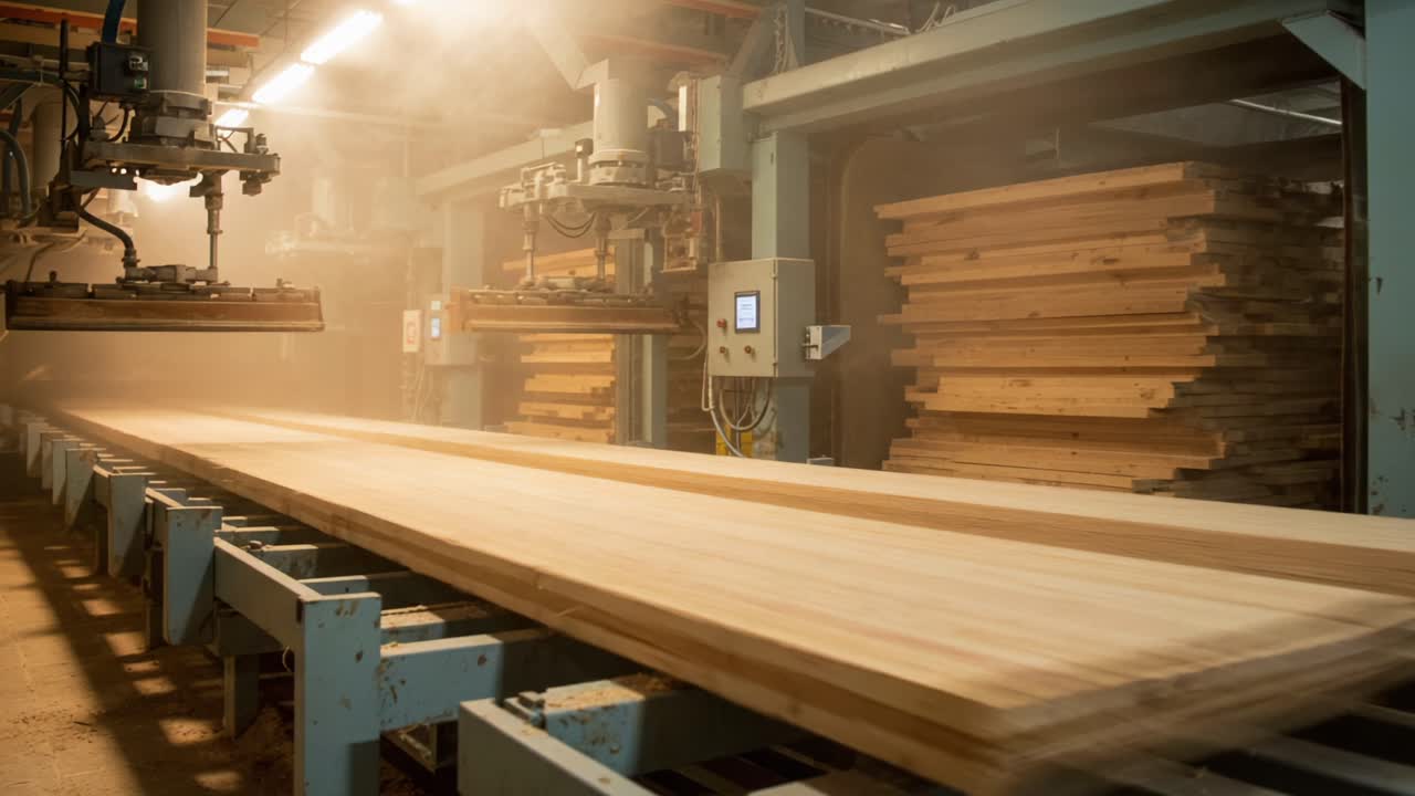 High-Tech Wood Processing Facility: Advanced Machinery and Equipment in Action, Shaping Timber Boards in a Dusty Environment for Woodworking Production