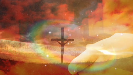 animation of christian cross and person holding holy bible with red clouds