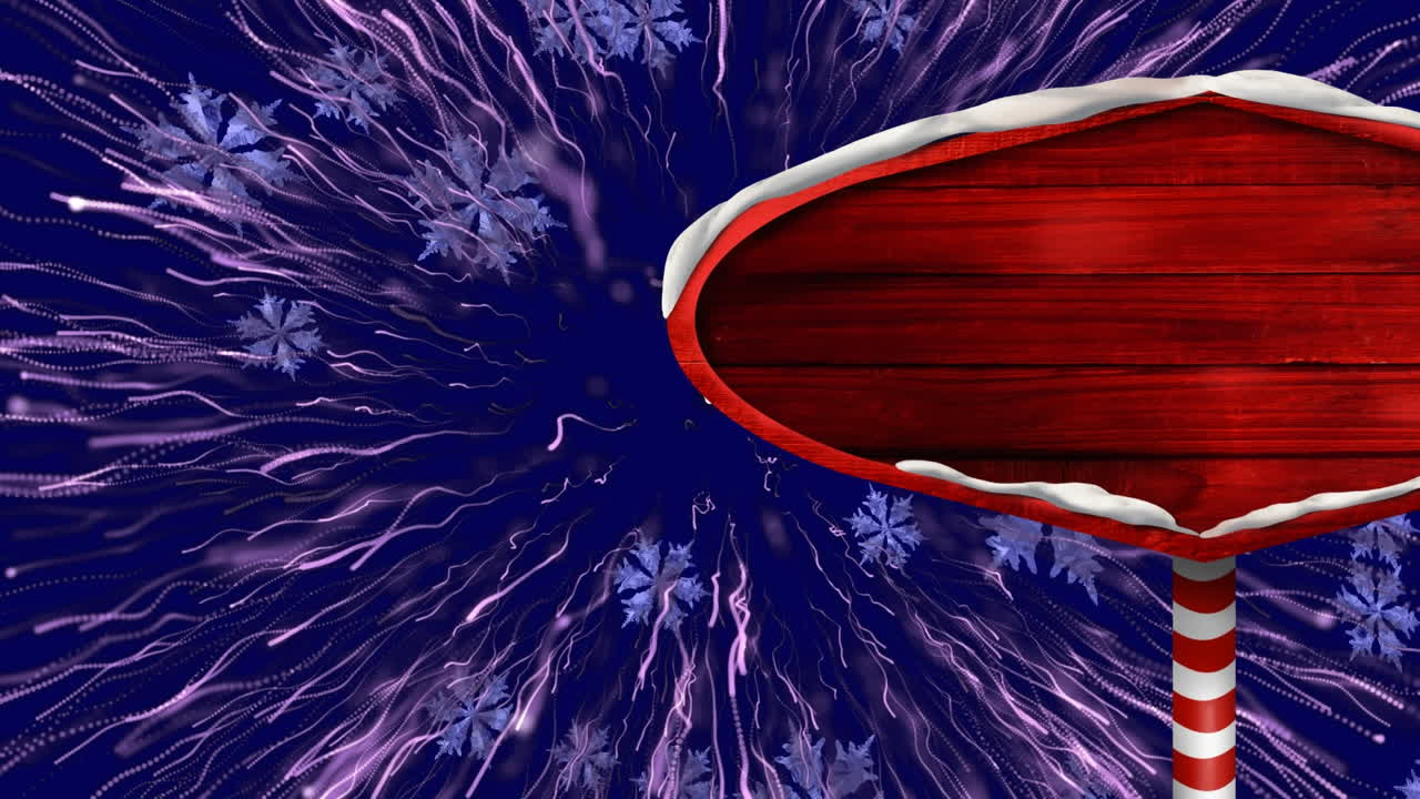 폭발하는 불꽃놀이와 크리스마스 나무 표지판 위에 내리는 눈의 애니메이션