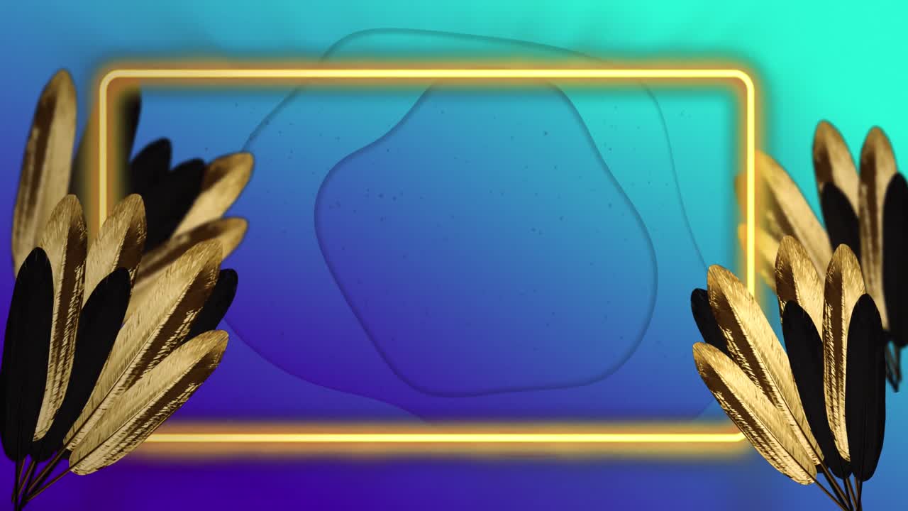 Animation of copy space and neon frame over leaves and shapes on blue background