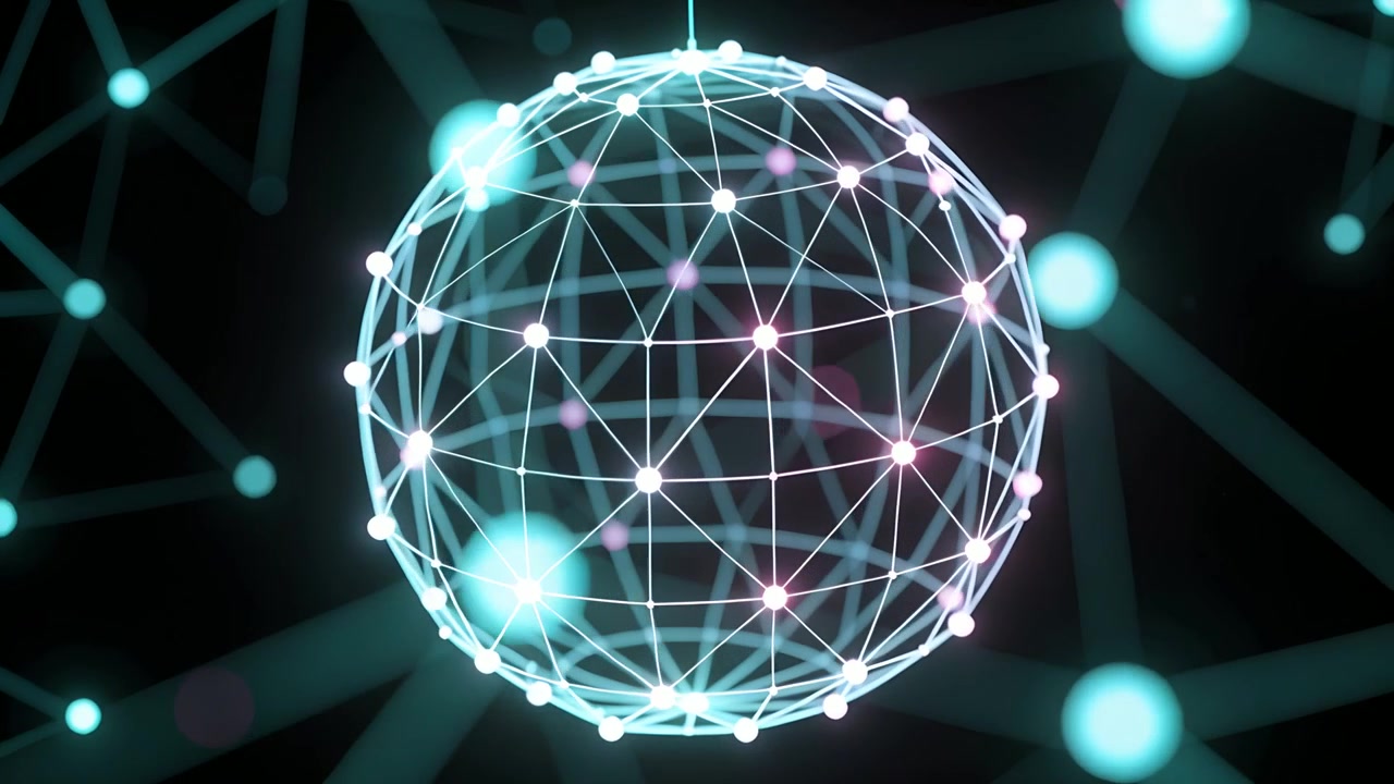 Reagendo a un'orbita luminosa che passa, una sfera a rete sospesa da un sottile cavo pulsa e ruota nella rete.