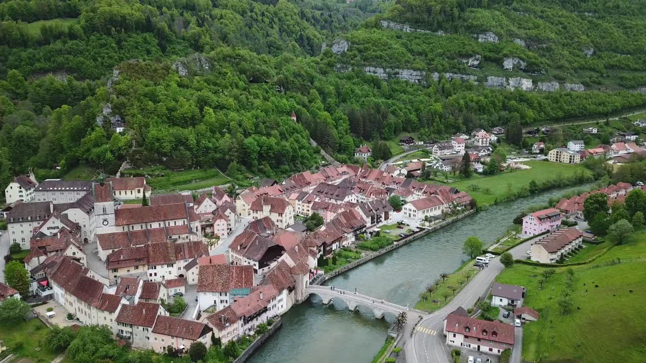 Aerial View of a Charming Medieval Village by a River