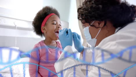 animation of dna strands over african american female doctor taking swab test from girl patient