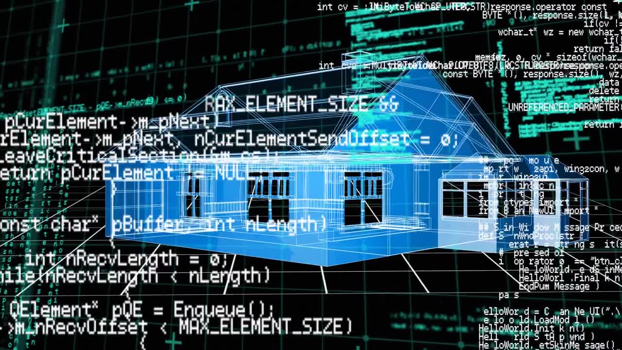 анимация цифрового интерфейса, показывающая информацию с архитектурным рисунком дома на черном