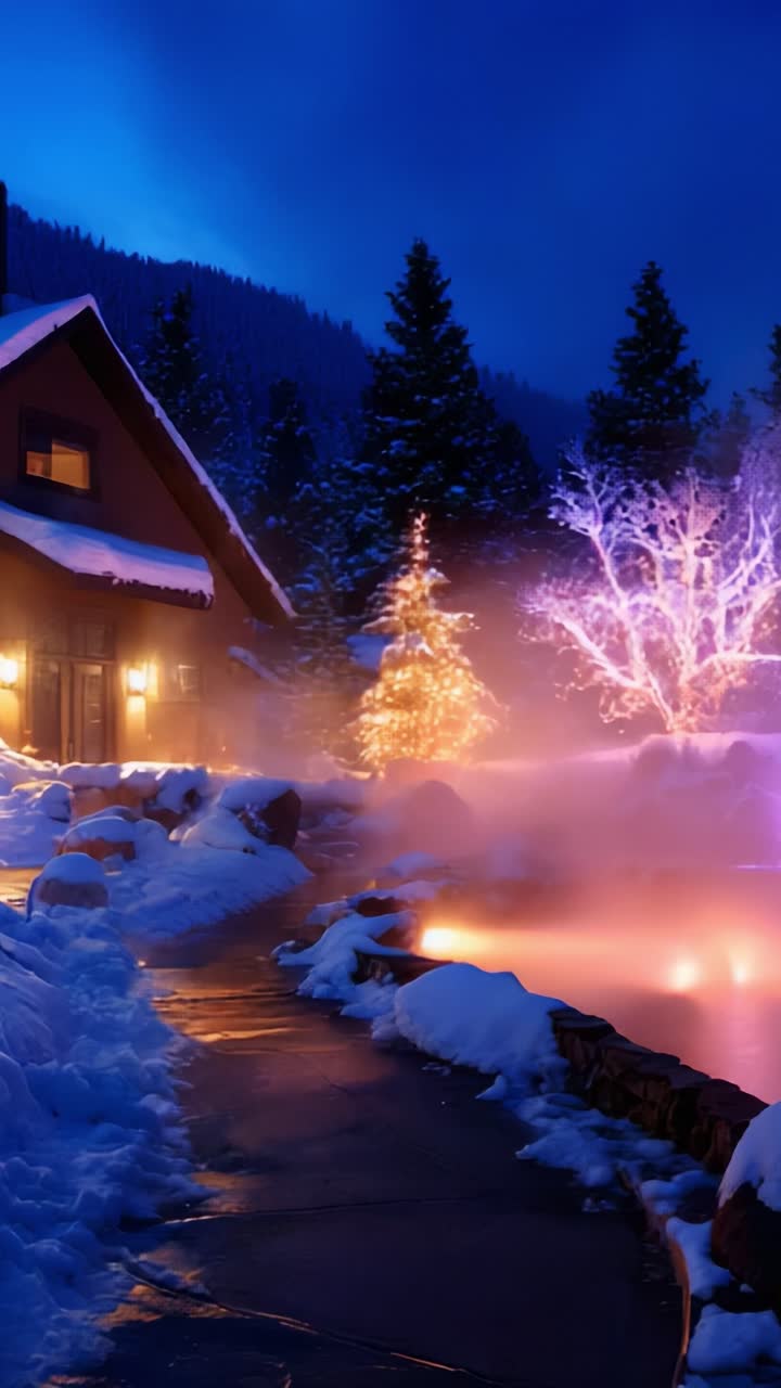 A Serene Winter Retreat: Enchanting Scene of a Cozy Cabin by the Snow-Covered Path, Adorned with Glowing Holiday Lights and a Beautiful Frosted Landscape, Perfect for a Peaceful Getaway