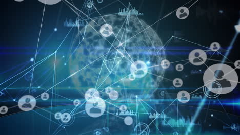 animation of network of connections over black and blue background with globe