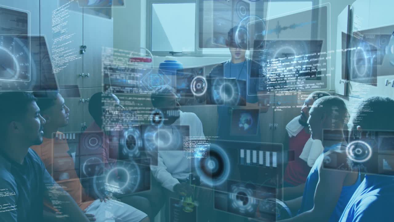 남성 축구 선수 팀을 지도하는 남성 코치에 대한 데이터 처리와 디지털 인터페이스