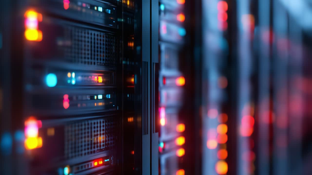 Exploring the Intricate Design of a Data Center: A Glimpse into Server Racks Illuminated by Colorful Lights in a Digital Infrastructure