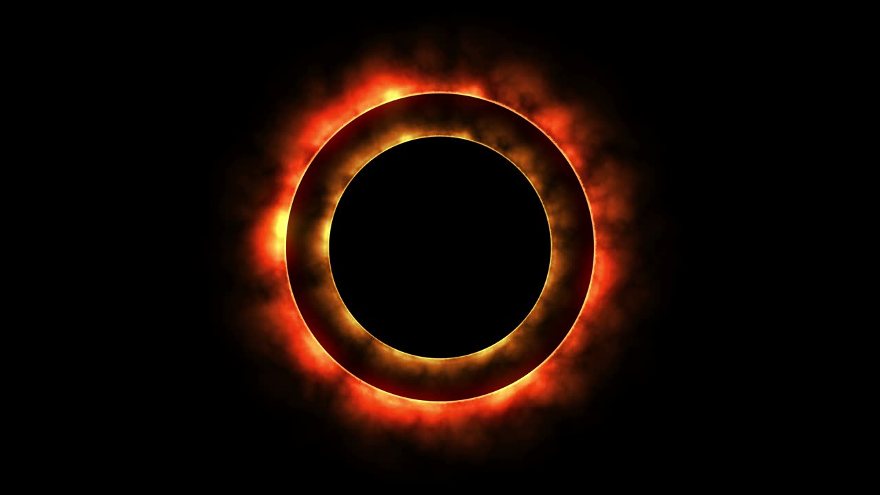Duo Disc Glowing Red Orange Fire shining Eclipse rotate around black circle motion graphic.
