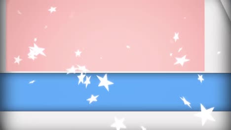 Animation-of-blue-and-white-panels-opening-over-white-stars-falling-on-pink-background