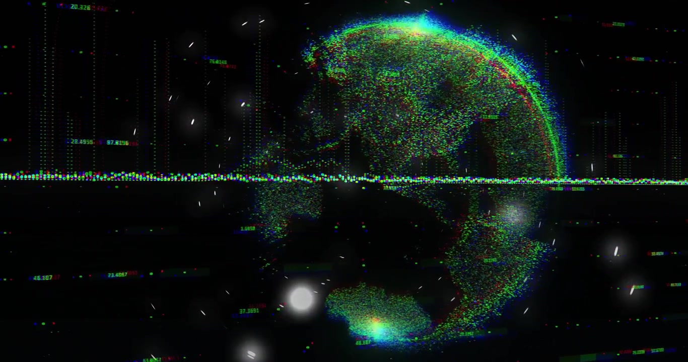 Horizontal waveform pulsing, sparking circular arcs while rotating data globe visualizing data feed