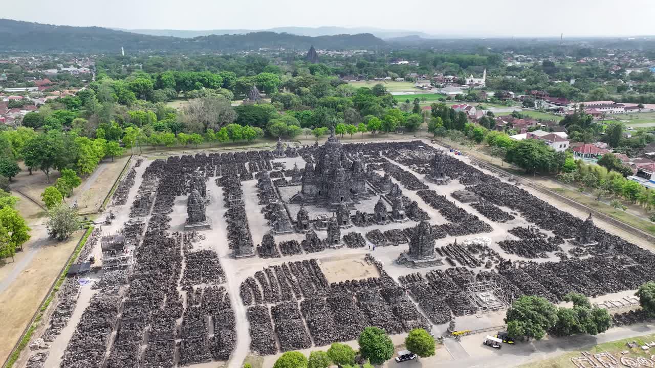 Ancient ruins of Hindu temple aerial panoramic. Sewu, Prambanan. Tourist attraction, sightseeing.