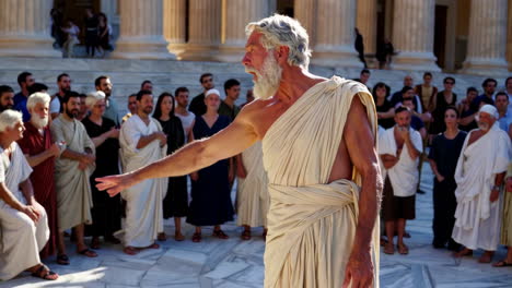 historical reenactment of public speaking in an ancient greek/roman setting