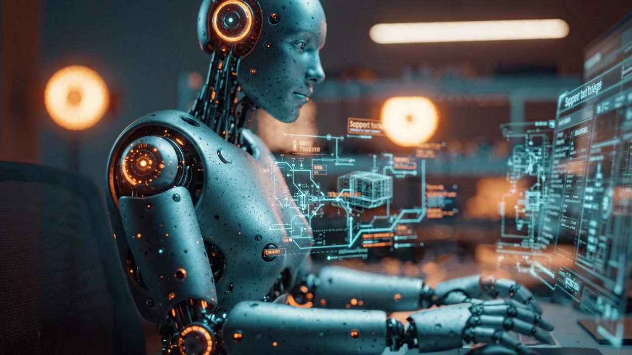 A futuristic robot engaged in advanced computing, showcasing intricate digital interfaces, symbolizing the evolution of artificial intelligence and technology integration.