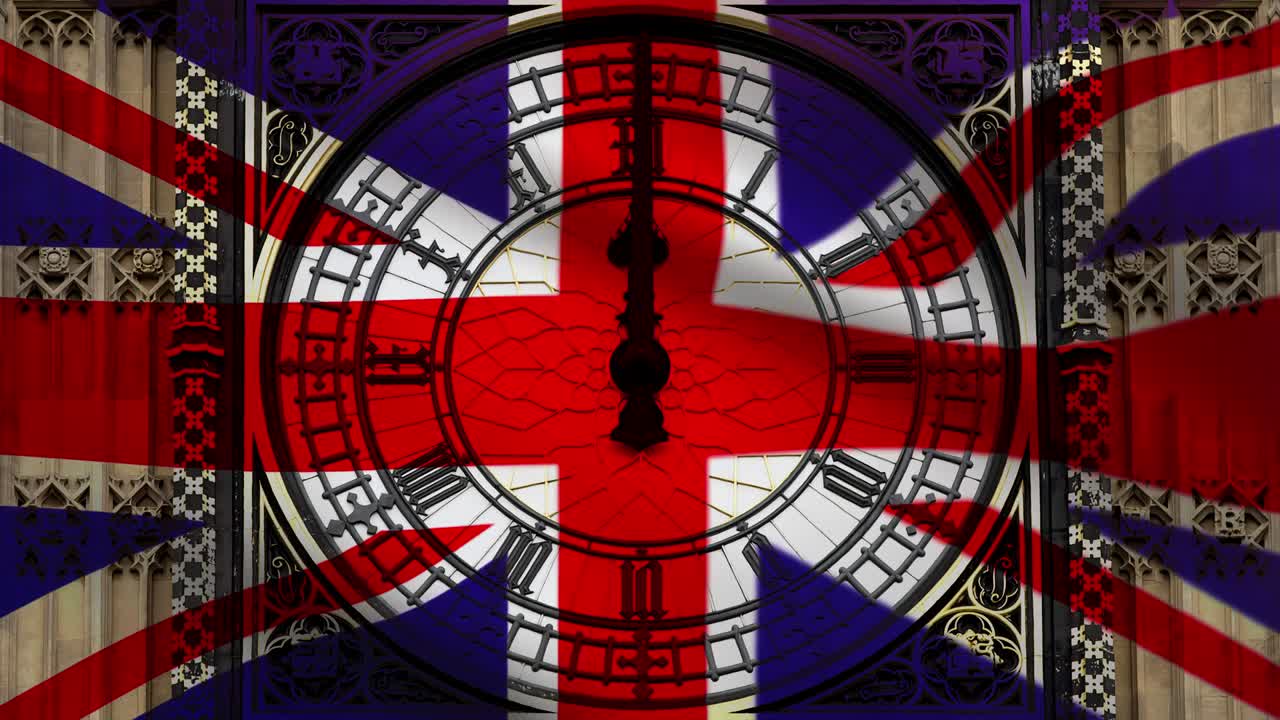 영국 발이 바람에 날고 있는 빅 벤 시계 앞면은 정오에 가리키고 있습니다.