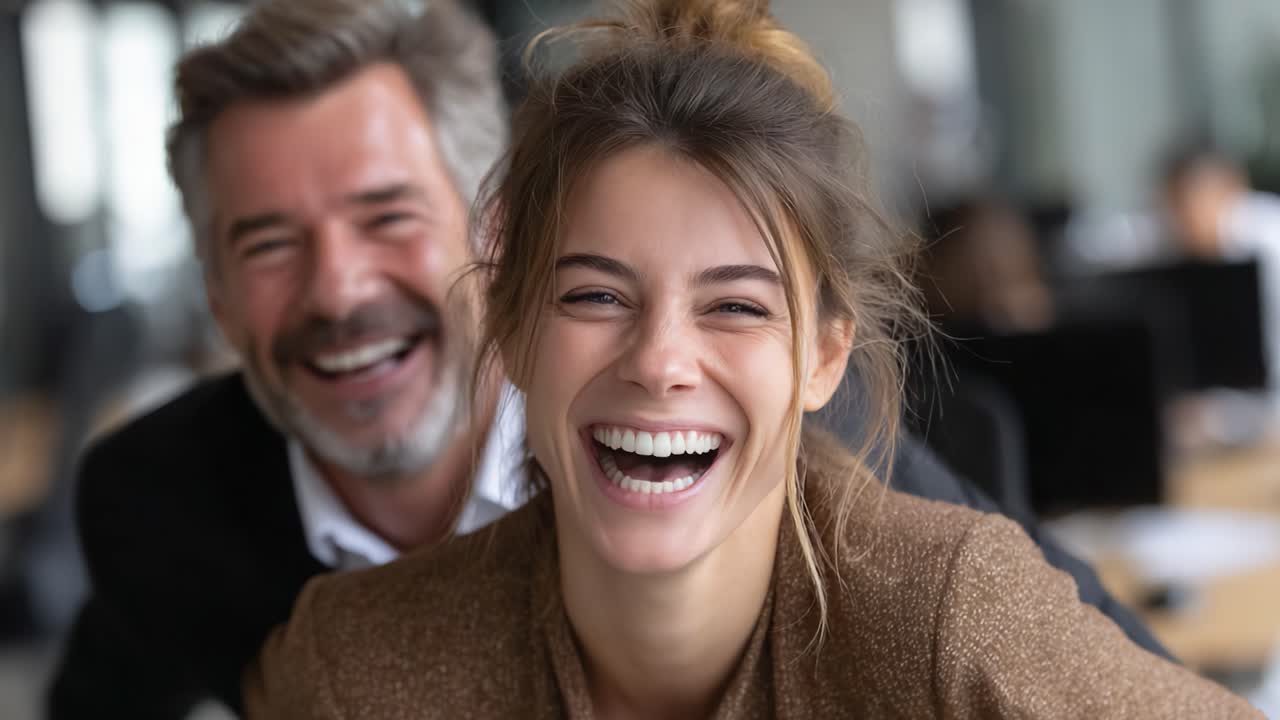 A Joyful Moment Captured: Two Colleagues Sharing Genuine Laughter in a Modern Office Setting, Brightening the Workspace with Their Positive Energy and Connection