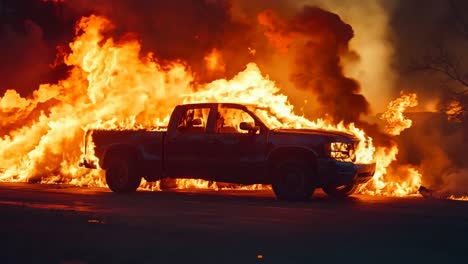 a truck is engulfed by flames on the side of the road