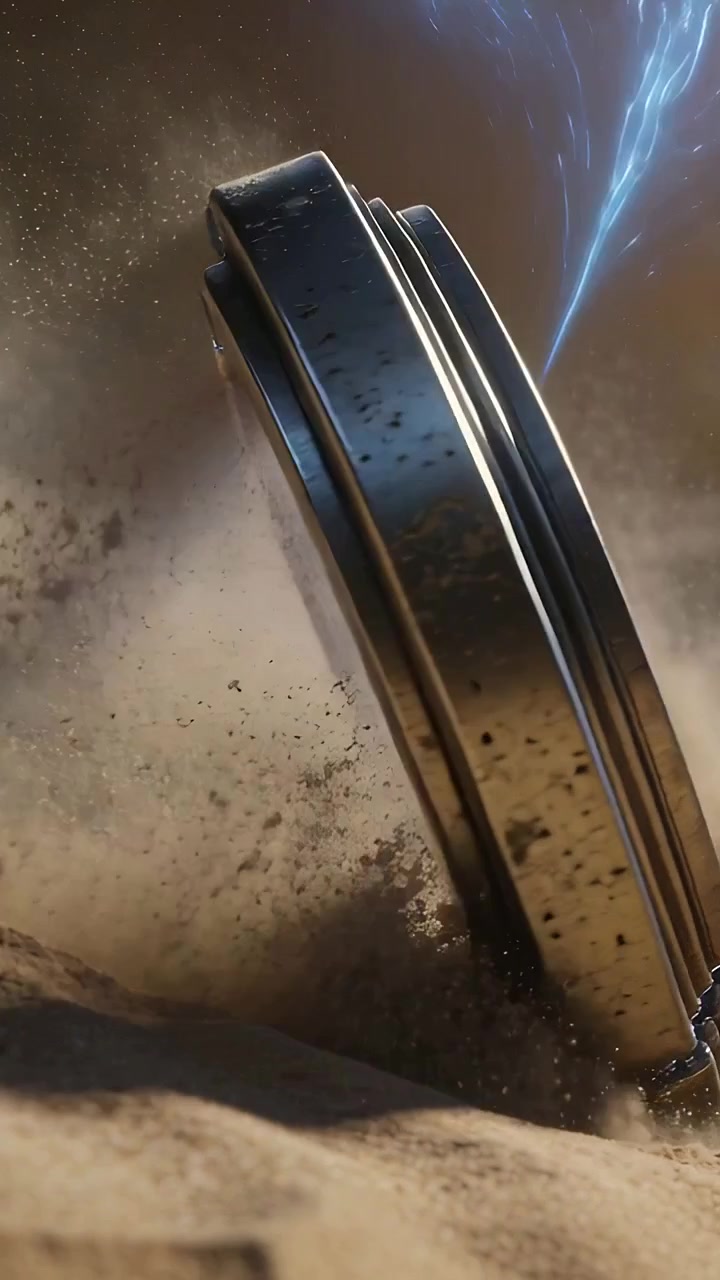 Vertical video: Pulsing crack sparking metal ring emitting blue arcs in desert, vortex drawing sand