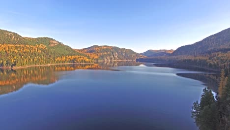 aerial shot of a drone flying in and out of shot on a lake in montana in the fall or autumn