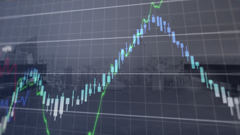 animación del procesamiento de datos financieros sobre el paisaje urbano