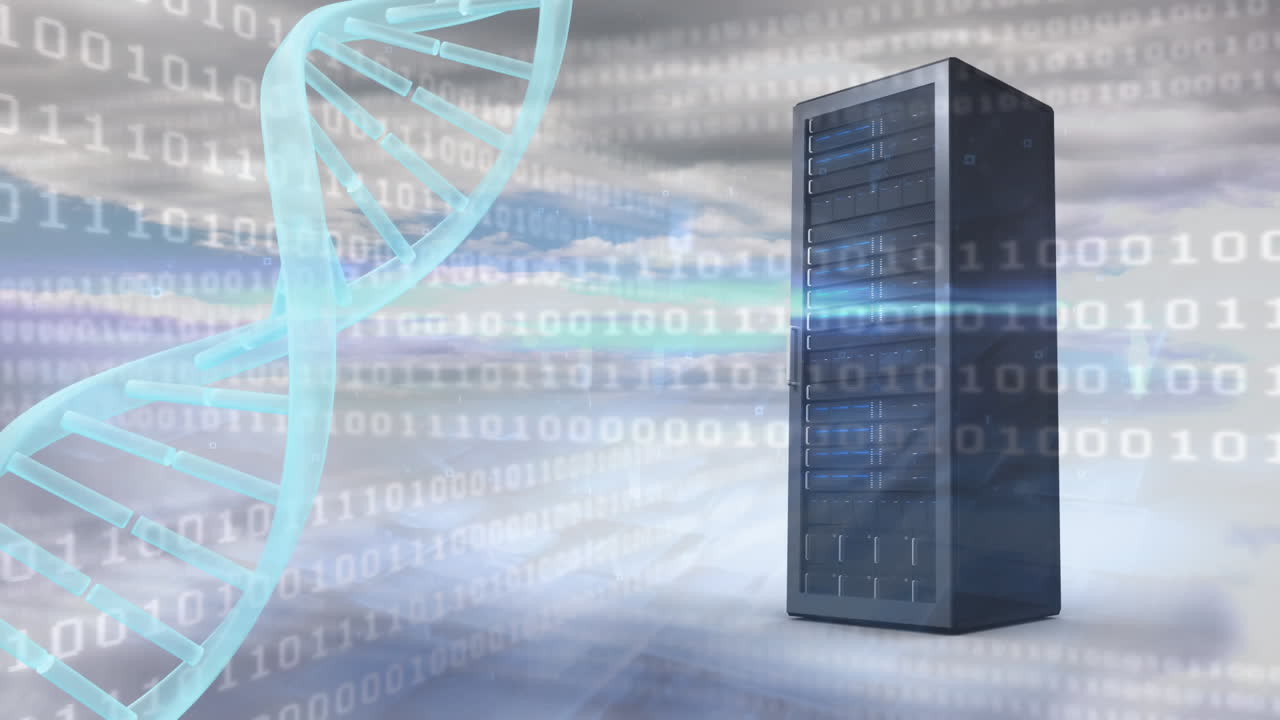 Spinning DNA and data server surrounded by binary codes