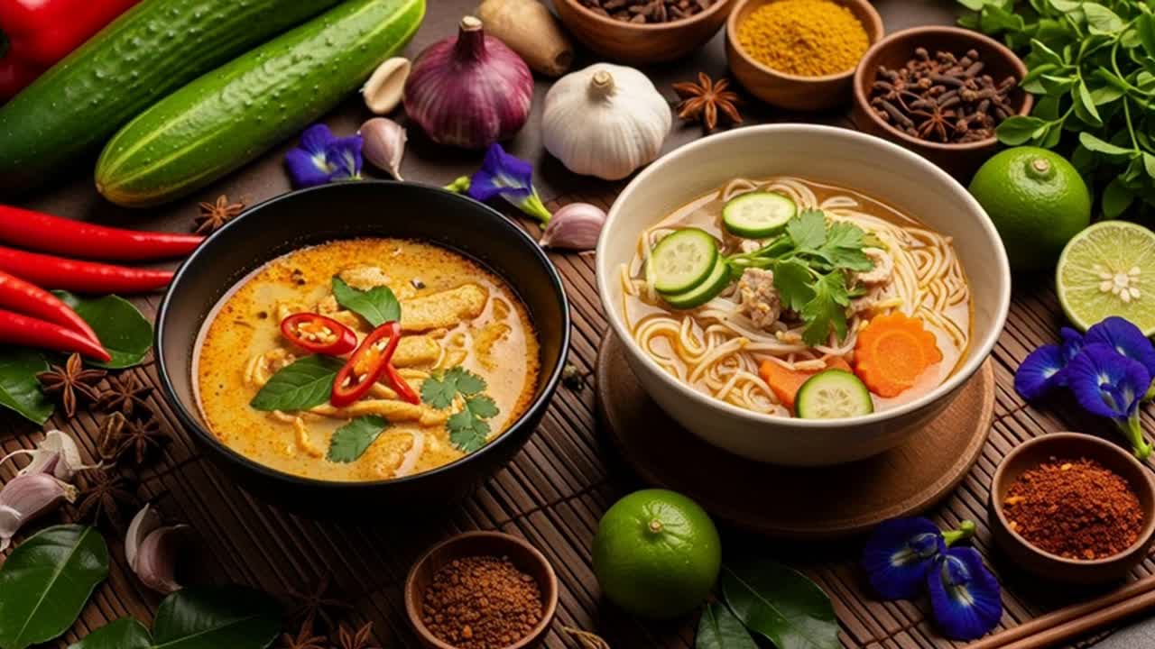 Spicy coconut curry noodle soup with fresh vegetables and lime