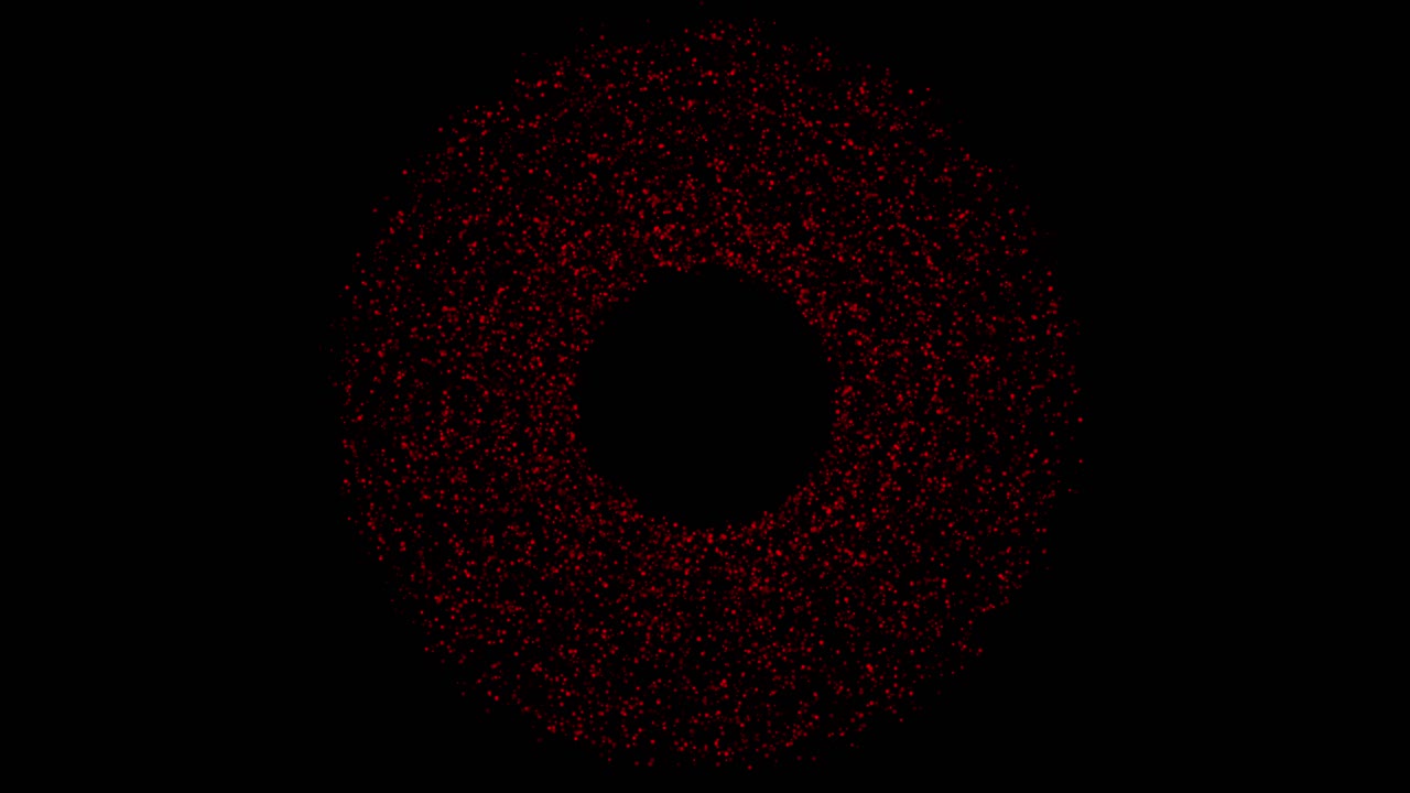 A ring of glowing red particles slowly dissipates and fades to black. Abstract seamless loop for science, technology, or magic visuals. Central copy space for logos or text