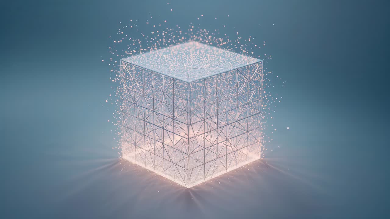 Transforming translucent cube losing lattice as sparks concentrate in blue set, revealing warm base