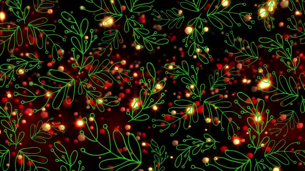 검은 바탕에 떠다니는 빨간 빛의 불꽃 위에 초록색 잎 패턴 디자인의 애니메이션