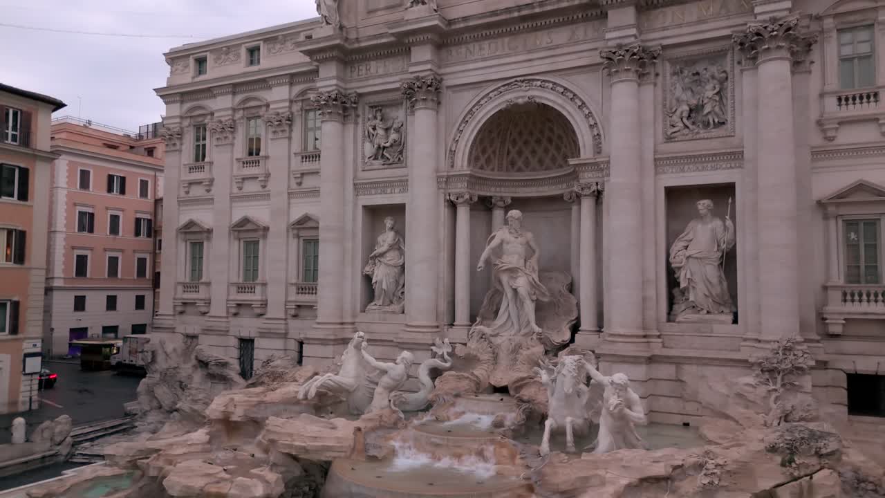 Trevi Fountain designed by Nicola Salvi, centered with Oceanus where you throw coins into water, drone view
