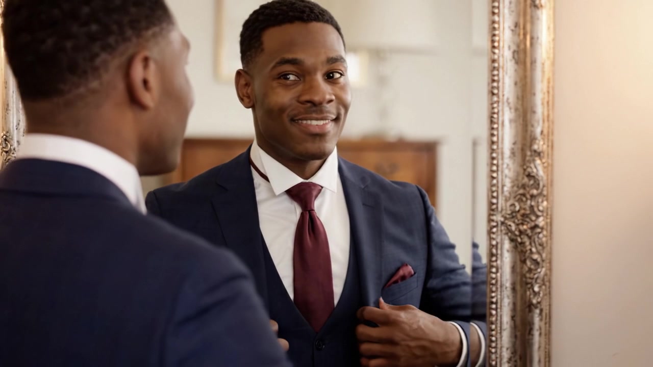 A Confident Man in Formal Attire Reflects on His Appearance in the Mirror, Showcasing Grooming and Self-Assurance in a Stylish Setting