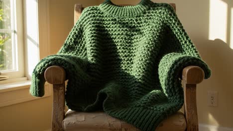 green knitted sweater on a wooden chair by a window