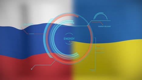 animation of scope scnanning and data processing over flag of russia and ukraine