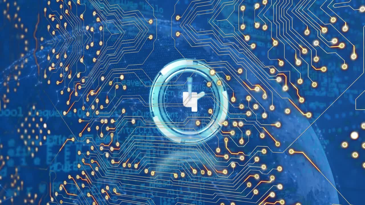 집적 회로와 시계의 애니메이션으로 지구와 파란색 배경으로 카운팅합니다.