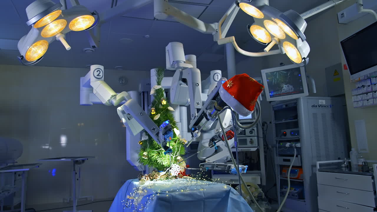 Medical robotic futuristic health care medicine. Shot of da Vinci machine arm surgeon in futuristic operation room