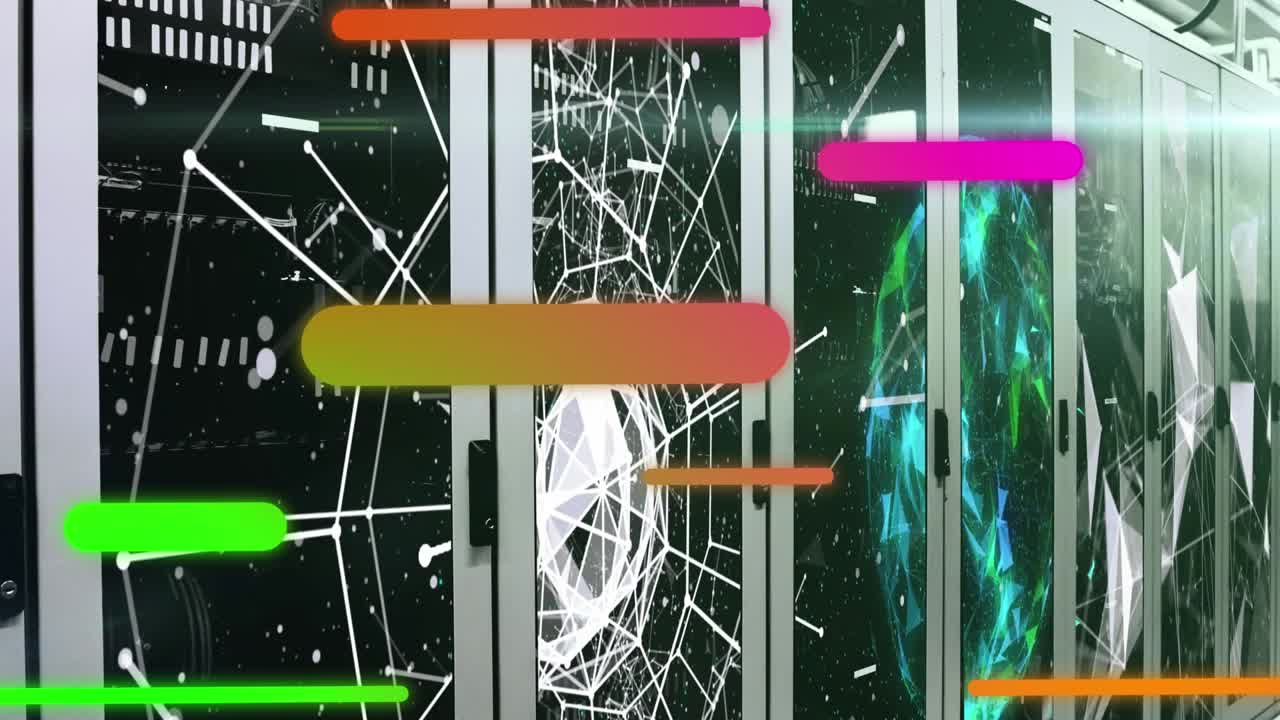 Animation af farverige lysspor mod et plexusnetværk over et computerserverrum.