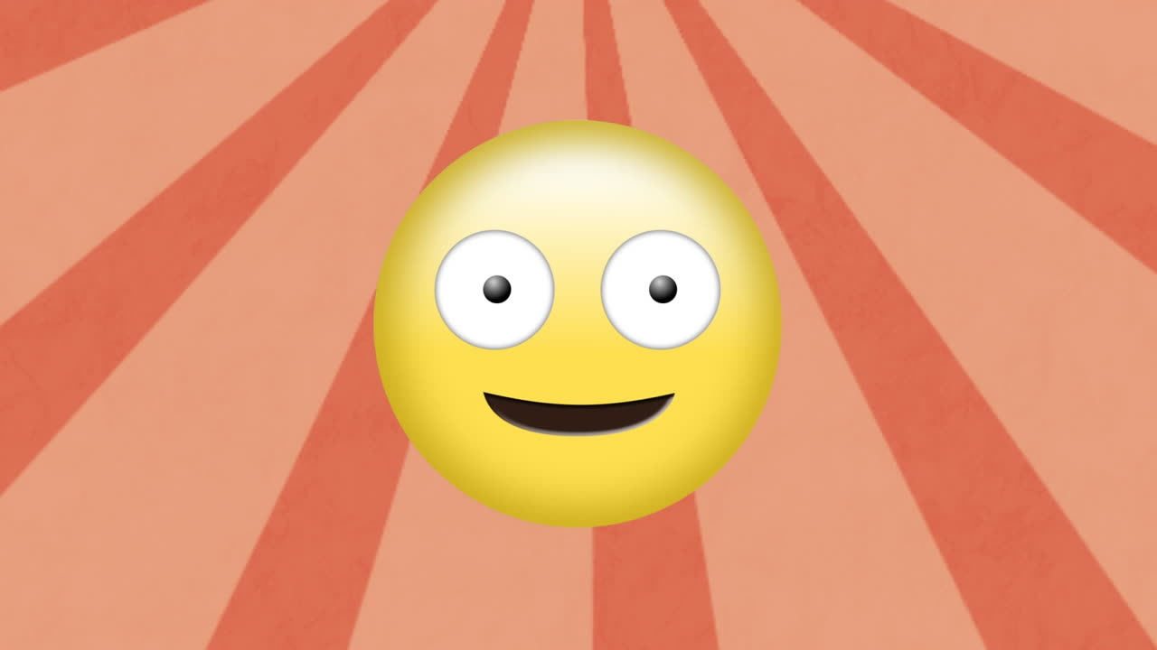 animación digital de emoji de cara tonta contra rayos radiales en movimiento sobre un fondo naranja