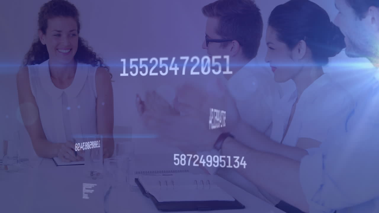 Animation of changing numbers and light spot over diverse colleagues clapping together at office