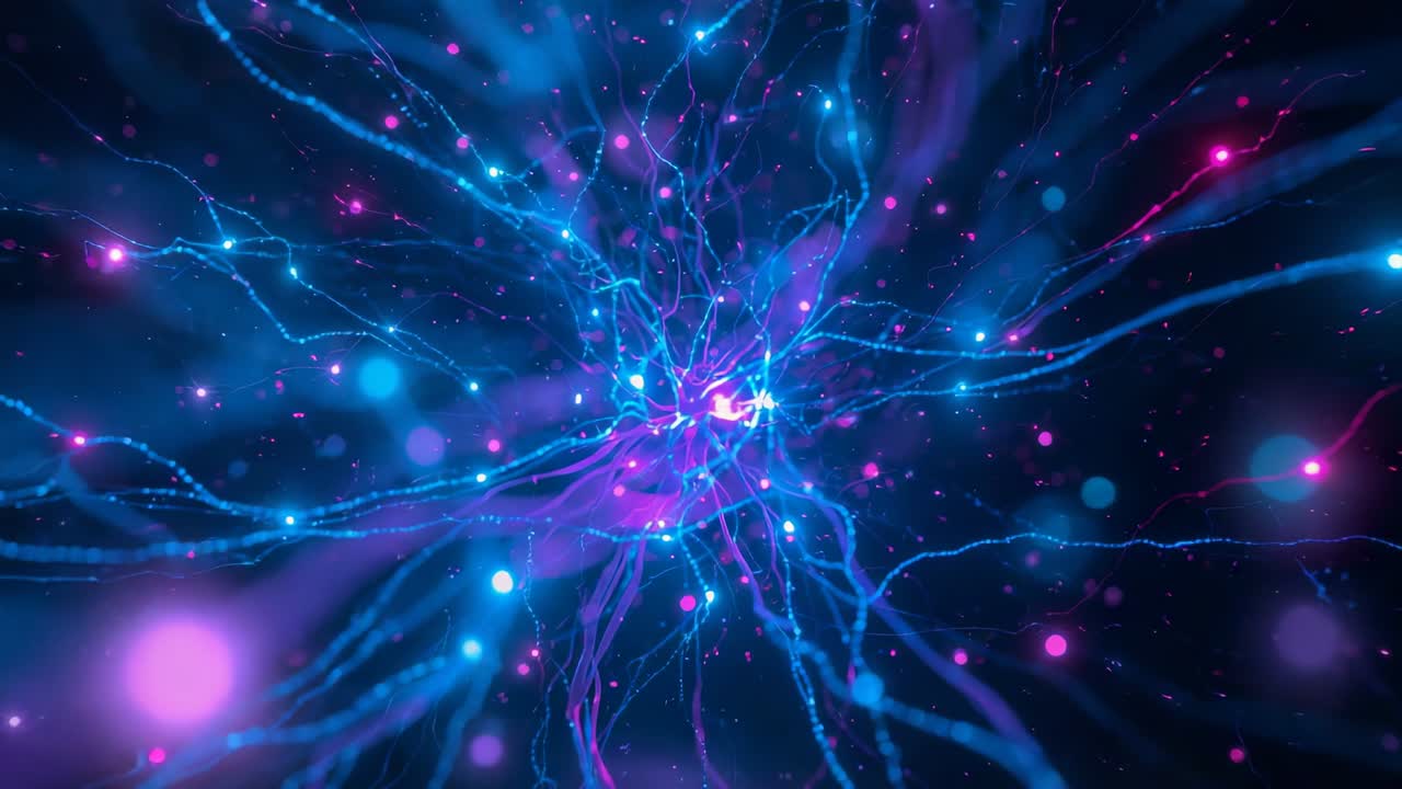 Intensifying magenta pulse driving network radiating tendrils in dark backdrop with light particles