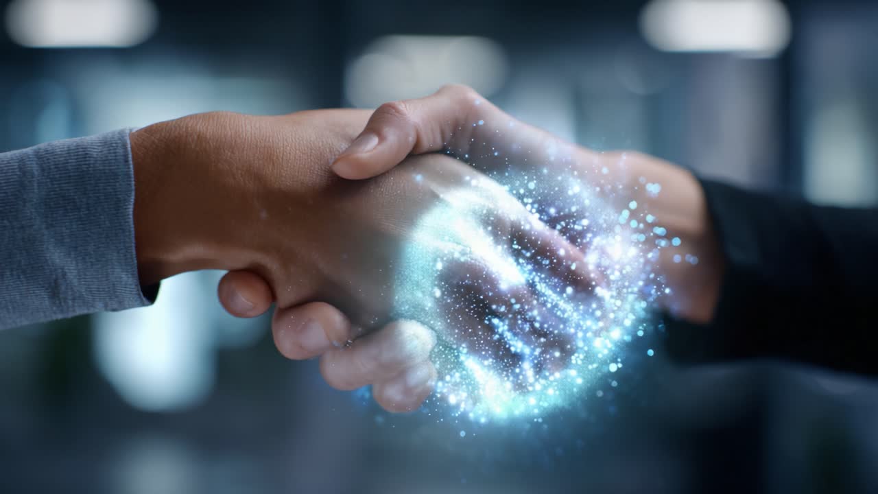 A Dynamic Expression of Unity and Cooperation: Two Hands Engaging in a Thoughtful Handshake Enveloped in a Magical Sparkling Light