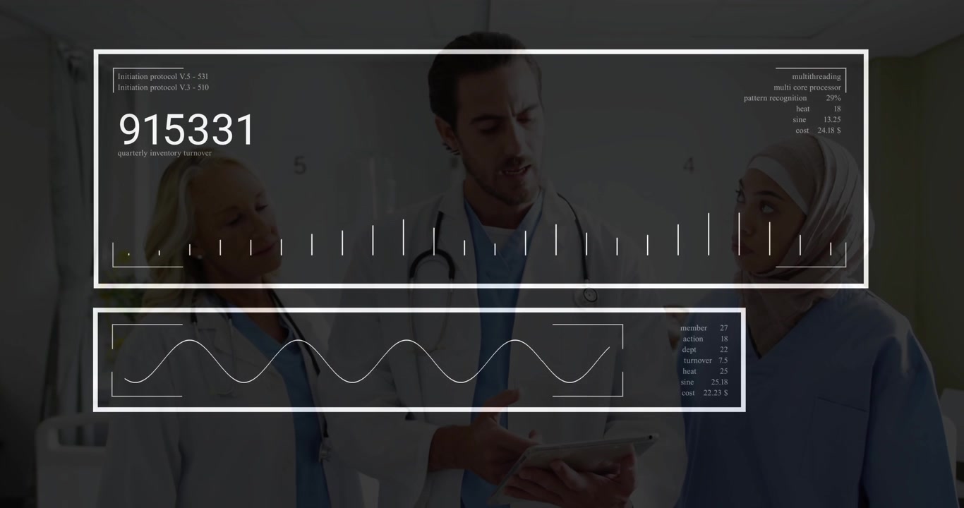 Team medico che avvia l'interfaccia AR e tocca e rivede le barre delle metriche del paziente e la forma d'onda.