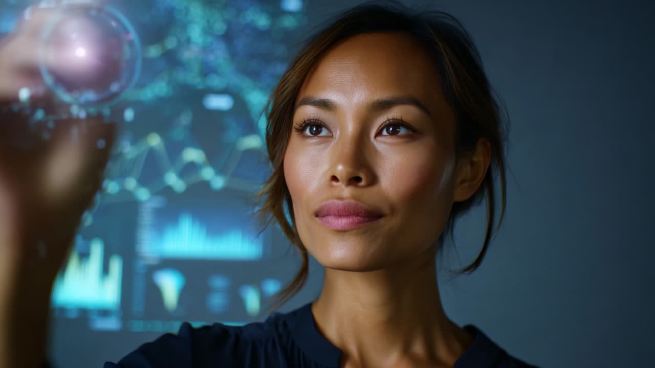 A focused female professional engages with interactive data visualization, combining cutting-edge technology with analytical insights to foster decision-making and innovation in a modern workspace environment