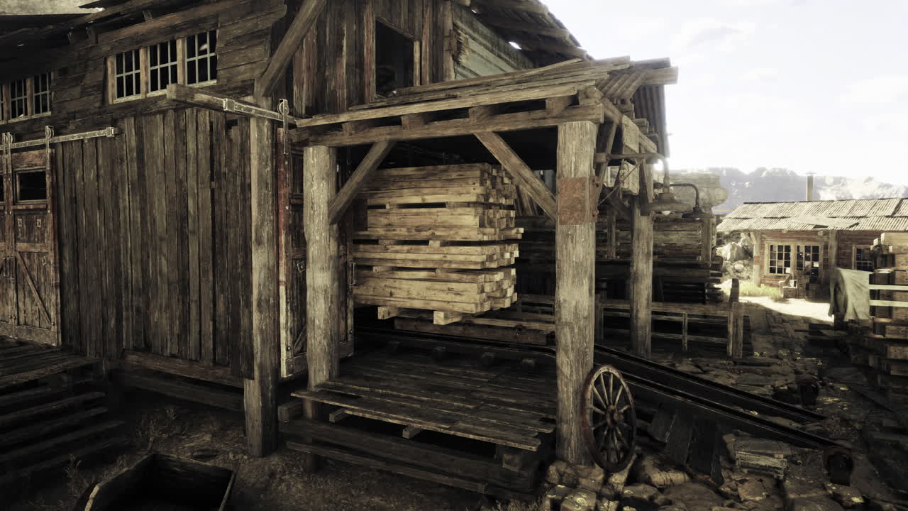 Rustic wooden structure with stacked pallets in a historical setting