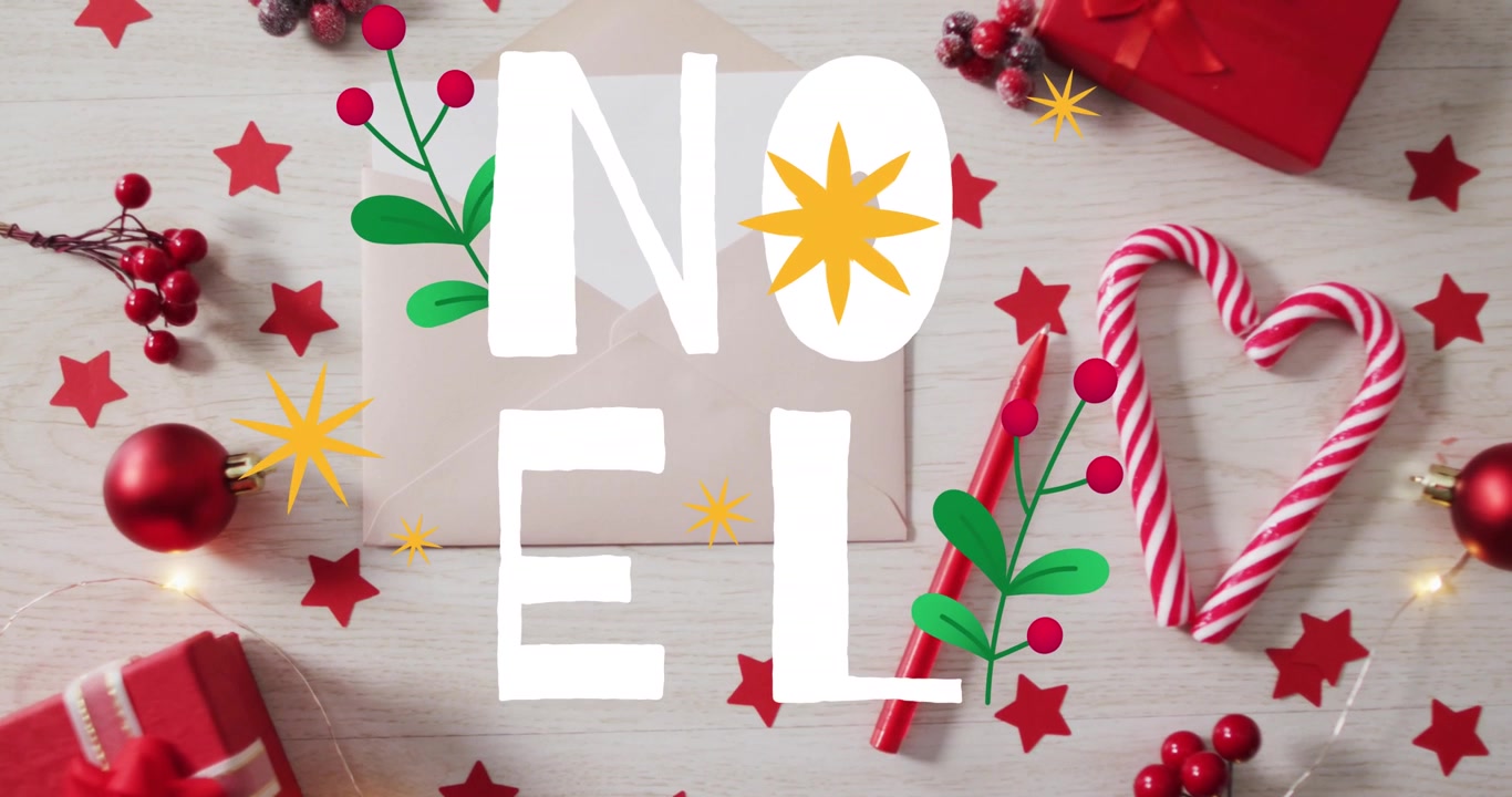 Au démarrage, des lettres blanches s'empilent pour former NOEL sur des branches décoratives, des étoiles scintillent et décorent.