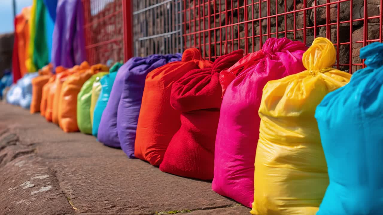 Colorful Textile Bags Lined Up Against a Stone Wall, Showcasing a Rainbow of Bright Hues in a Vibrant Display, Perfect for Craft and Creative Projects