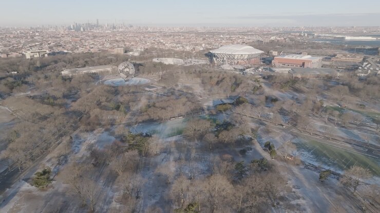 Aerial view of Flushing Meadows Corona Park on a winter morning. Shot in Queens, New York City.